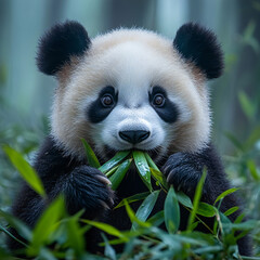 Fototapeta premium Giant panda and red panda enjoying bamboo in the forest