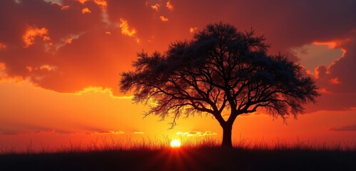 A stunning silhouette of a tree against a vibrant sunset, evoking a sense of peace and tranquility, perfect for nature-themed projects and promotional materials.