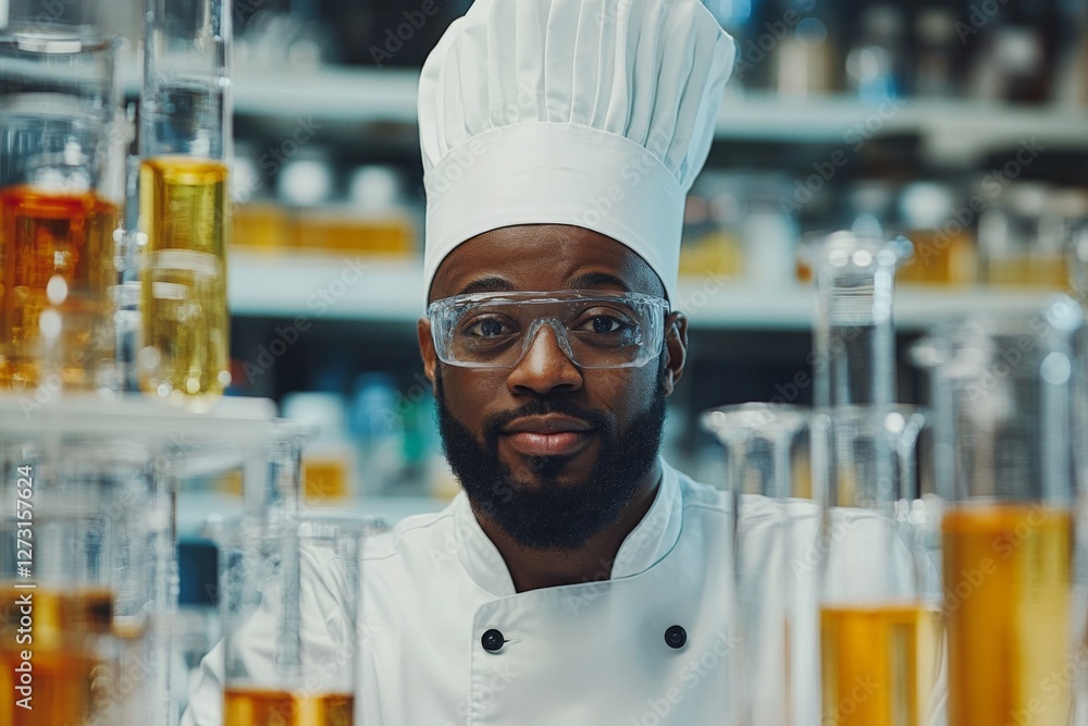 Poster Chef in laboratory setting experimenting with various liquids and ingredients while wearing protective gear