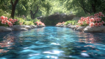 Serene forest stream with pink flowers. Peaceful nature scene. Possible use for wallpaper, greeting card