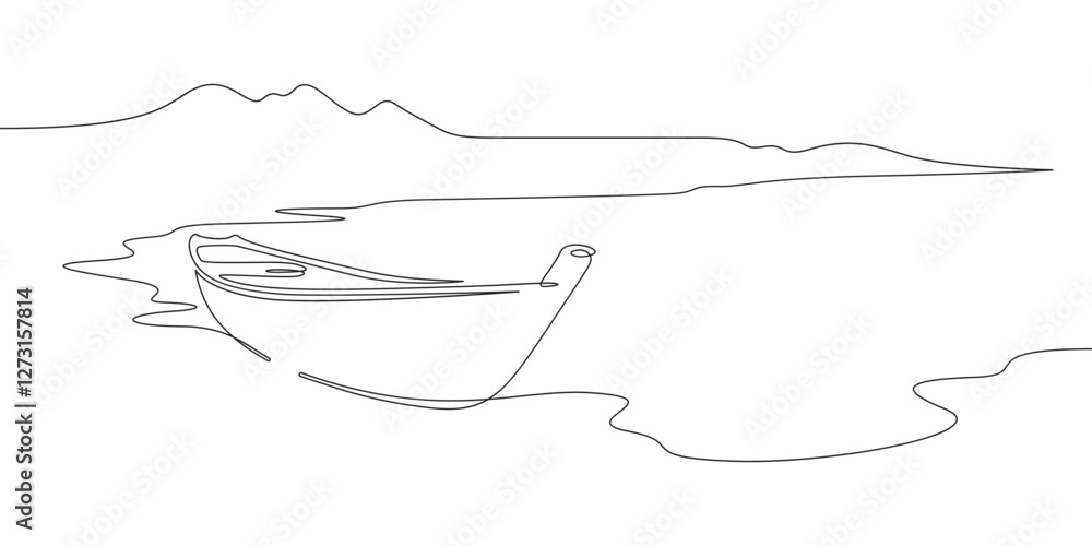 Poster continuous one line drawing boat near the shore. river landscape. seashore. one continuous line isol