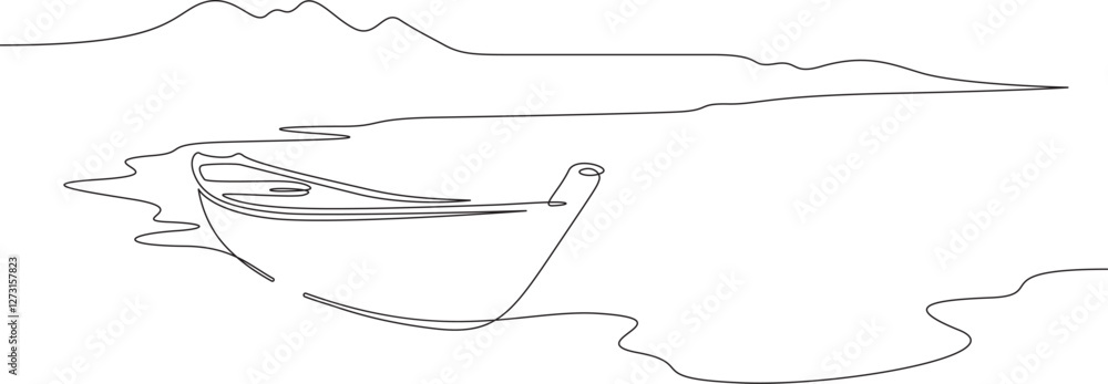 Poster continuous one line drawing boat near the shore. river landscape. seashore. one continuous line isol