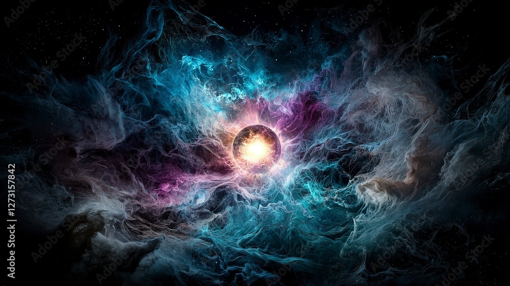 Leinwandbilder enigmatic outer space surreal digital art of a glowing sphere in a mystical cosmic void environment