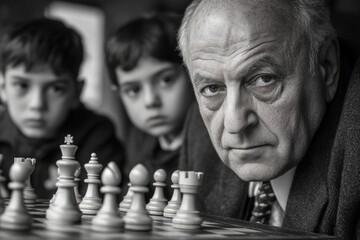 Elderly man plays chess with two young boys, focusing intently at a small cafe during a rainy afternoon