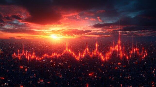 Aerial view of city skyline at fiery sunset with stock market data graphic overlay. Possible use Stock photo for financial concepts - Powered by Adobe