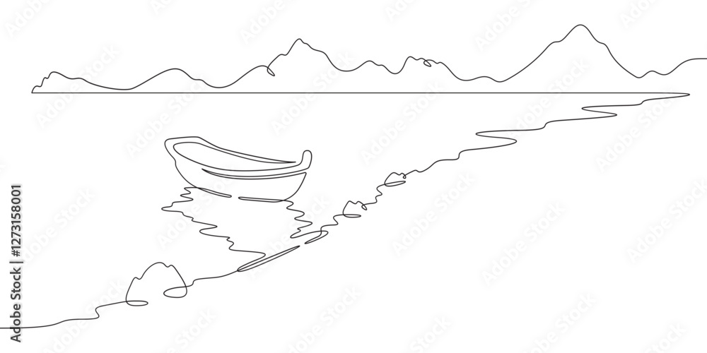 Poster continuous one line drawing boat near the shore. river landscape. seashore. one continuous line isol
