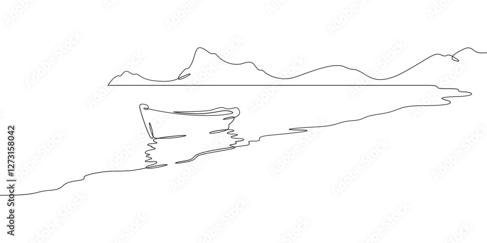 Poster continuous one line drawing boat near the shore. river landscape. seashore. one continuous line isol