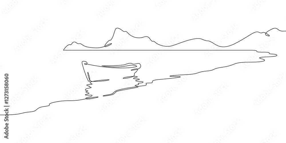 Poster continuous one line drawing boat near the shore. river landscape. seashore. one continuous line isol