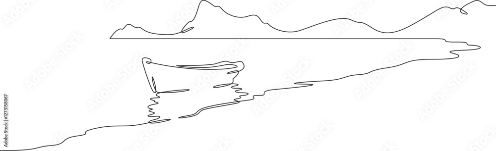 Poster continuous one line drawing boat near the shore. river landscape. seashore. one continuous line isol