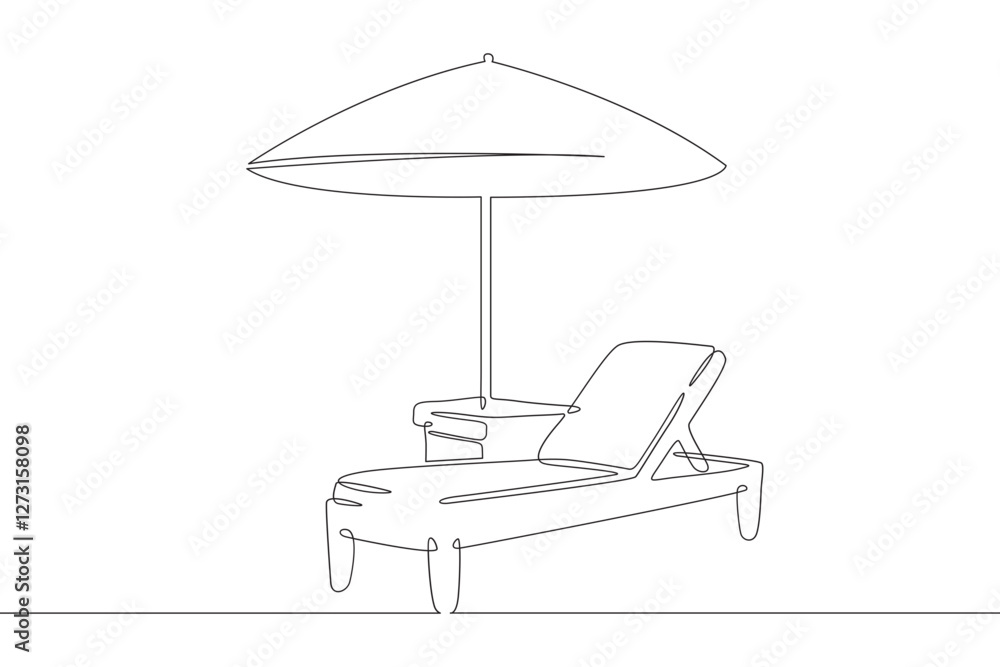 Poster continuous one line drawing sun lounger with umbrella. table near sun lounger on the beach.one conti