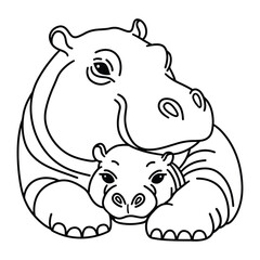 Line art of mother hippo straddles her baby hippo cartoon vector