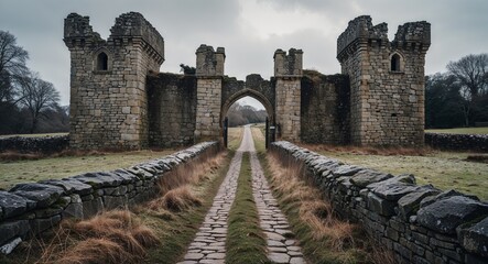 Medieval stone path leading to a crumbling gatehouse under overcast sky winter