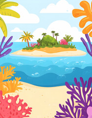 Bright cartoon underwater illustration with coral reefs and a small tropical island in the background. Colorful, minimalistic design perfect for children's books or art projects.