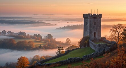 Medieval stone watchtower on a hill overlooking a foggy landscape sunrise autumn