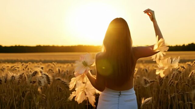 In a tranquil golden field, a girl stands with her back to the sun, soaking in the warm rays and the beauty of a breathtaking sunset while nature surrounds her.
