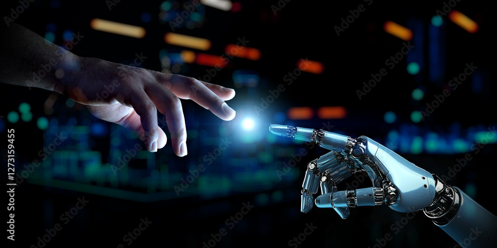 Leinwandbilder man hand connecting to a robot on dark tech background with a blue halo at center. generative ai cyb