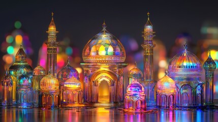 Obraz premium Glass Mosque City at Night: Colorful, Illuminated Architecture