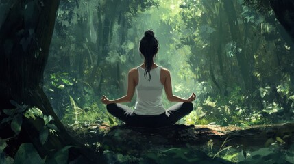 Serene Meditation in Lush Green Forest with Soft Sunlight Filter