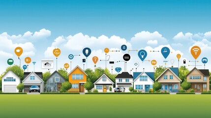 Fototapeta premium Row of Suburban Homes Under a Bright Blue Sky with Location Icon Graphics