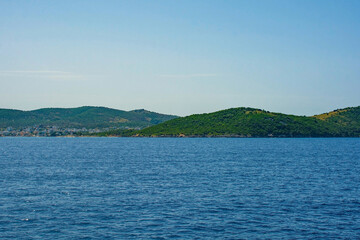 The Ionian coastline near Ksamil, part of the Albanian Riviera. Here, the green hills of the Ceraunian mountain range meet the Straits of Corfu in the eastern Mediterranean Sea