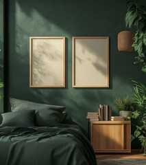 Cozy bedroom with green walls, empty frames, warm natural lighting