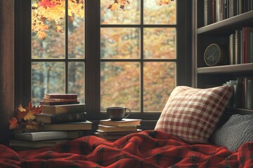Cozy Autumn Reading Nook with Warm Blanket and Scenic Window View