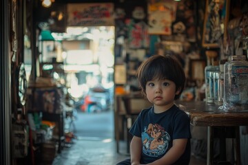 Obraz premium Young child sitting calmly in an eclectic shop filled with vintage items during the day