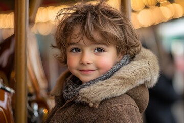 Child enjoying a carousel ride at a festive fair during the evening hours with bright lights and cheerful ambiance