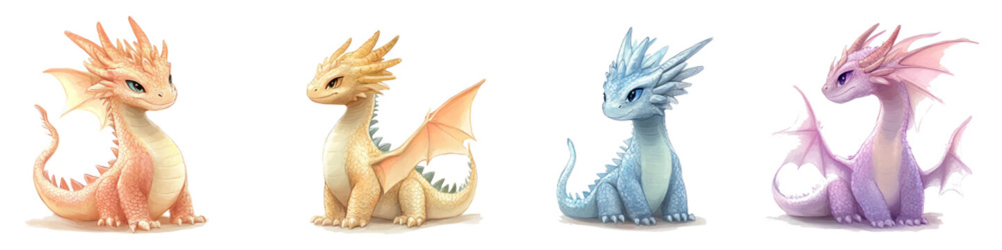Colorful cute dragon characters sitting peacefully on transparent background
