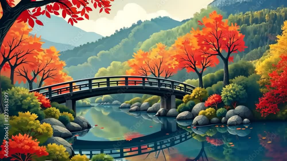 Poster a bridge spans a river in a forest. the bridge is surrounded by trees and rocks. the water is calm a