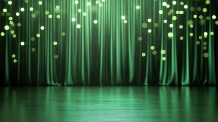  Elegant green stage curtain with sparkling bokeh lights, perfect for theatrical performances, award ceremonies, and event backdrops. Copy space