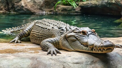 Obraz premium A fierce crocodile resting on a riverbank with its mouth slightly open