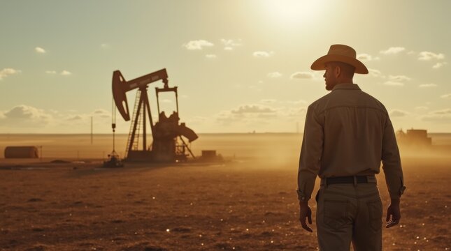 Worker Observes Oil Rig at Sunset in a Rural Landscape