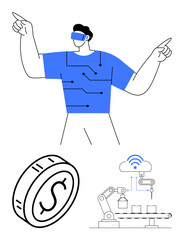 Person wearing VR headset gestures, circuitry-patterned shirt, digital coin, robotic arm, and smart factory illustration with IoT. Ideal for technology, automation, AR, VR finance IoT future