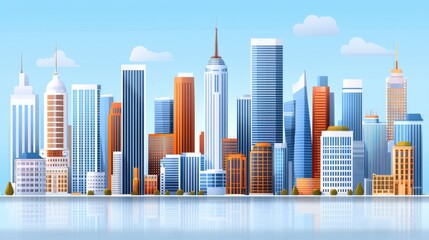 Fototapeta premium Vibrant City Skyline with Tall Buildings Reflecting in Calm Water under a Bright Blue Sky