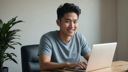 Young East Asian man in a cozy sunlit home office, smiling at a virtual meeting with diverse colleagues