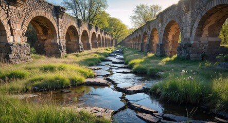 Fototapeta premium Broken medieval aqueduct with water flowing through cracks surrounded by wild grass sunny afternoon spring