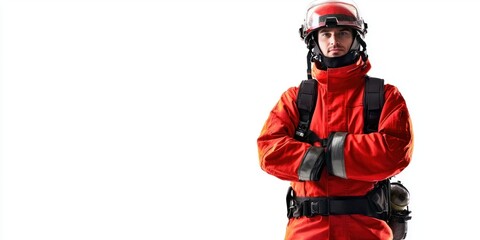 Naklejka premium A firefighter in a bright red uniform with protective gear, standing proudly on a white background.