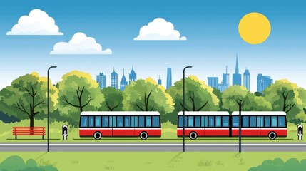 Vibrant Pixel Art Cityscape with Red Buses Green Trees Blue Sky and Gentle Clouds