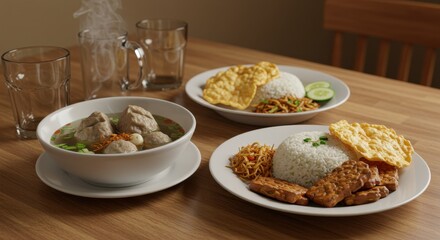 Savor various Indonesian dishes on white plates, featuring meatballs, rice, and tempeh