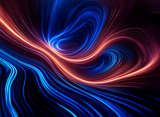 Abstract digital art with smooth, flowing lines in vibrant blue and orange hues against a dark backdrop. The image evokes a sense of motion and energy with its curved and swirling patterns.
