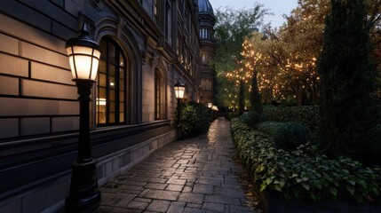 Fototapeta premium A serene evening scene featuring a charming walk lined with lampposts, lush greenery, and warm lights illuminating a cobblestone path beside an elegant building, Perfect for showcasing urban ambiance