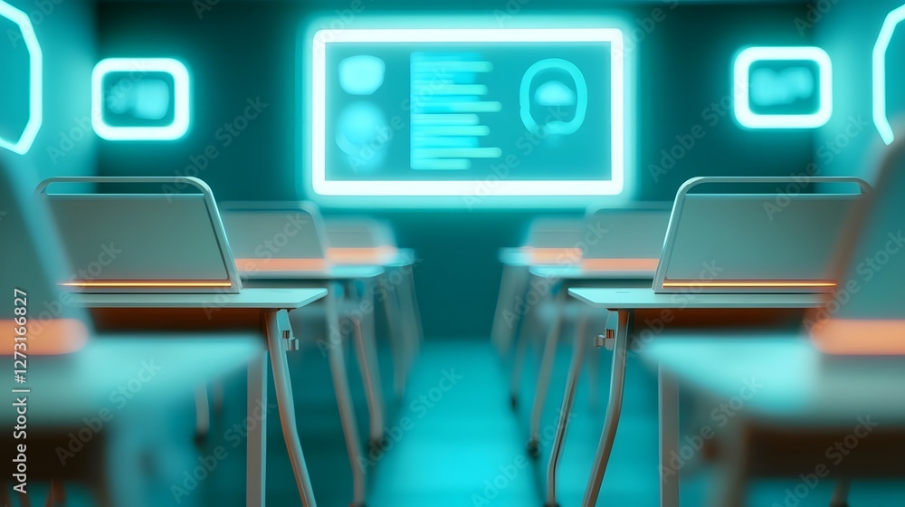 Poster futuristic classroom with ai powered mentors and interactive lessons on glowing tablets