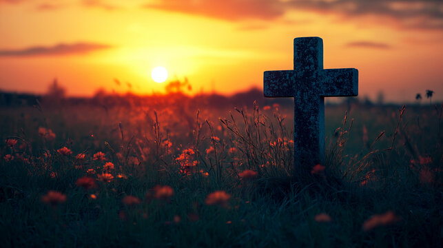  Weathered cross gravestone in a field at sunset, symbolizing peace, remembrance, and eternal rest, ideal for themes of loss, spirituality, and reflection