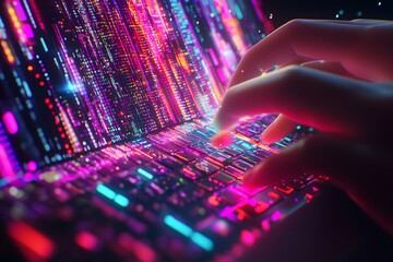 Futuristic data visualization, streaming colorful light threads, binary code, laptop keyboard, hands typing, digital transformation