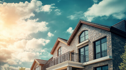  Elegant modern stone house with large windows under a bright sky, perfect for real estate, architecture, and home design content