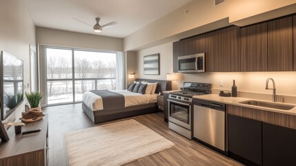 Fototapeta premium Modern Studio Apartment with Breathtaking Winter Scenery