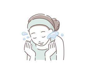 水で洗顔する女性のイラスト　ベクター
