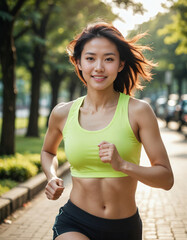 Fototapeta premium Taiwanese woman jogging in a city park