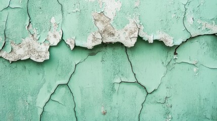 Obraz premium Cracked paint, peeling wall texture, distressed surface, green background, weathered, rustic pattern, aged facade, vintage look